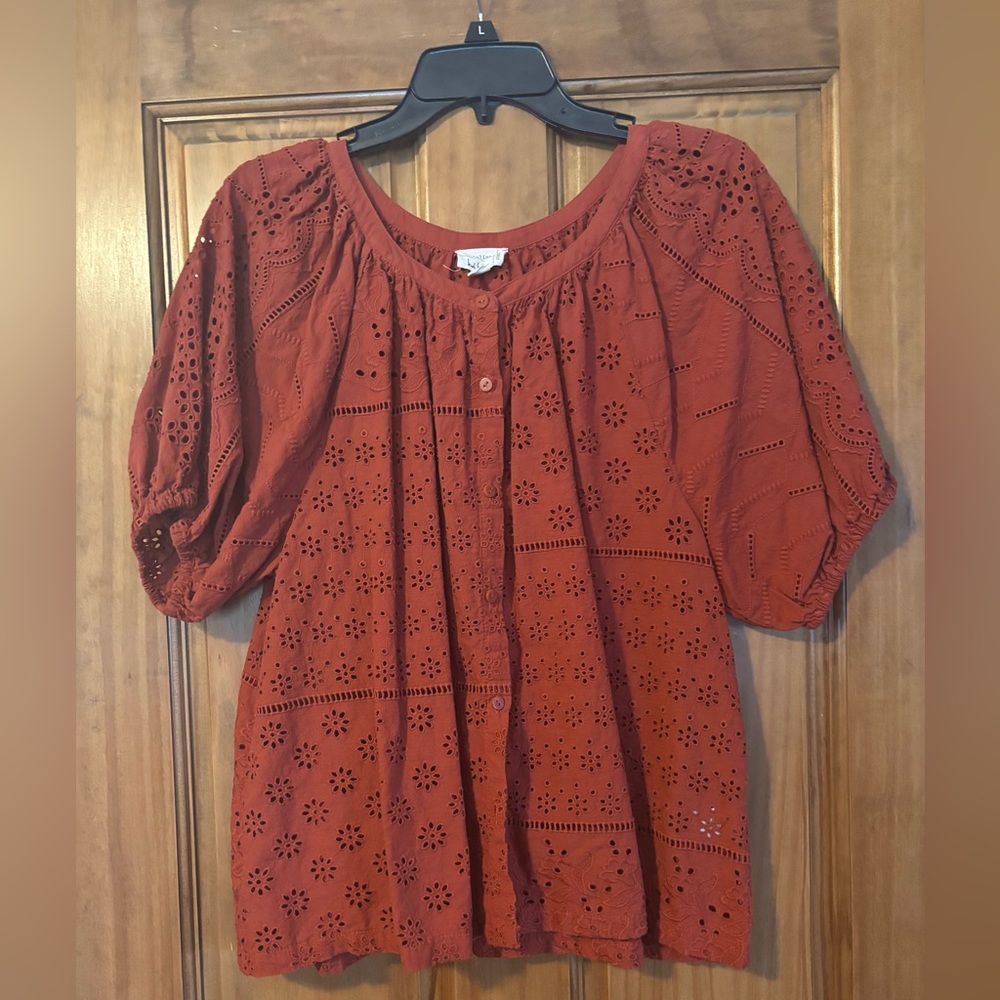 Nicole Miller Red Orange Puff Sleeve Blouse